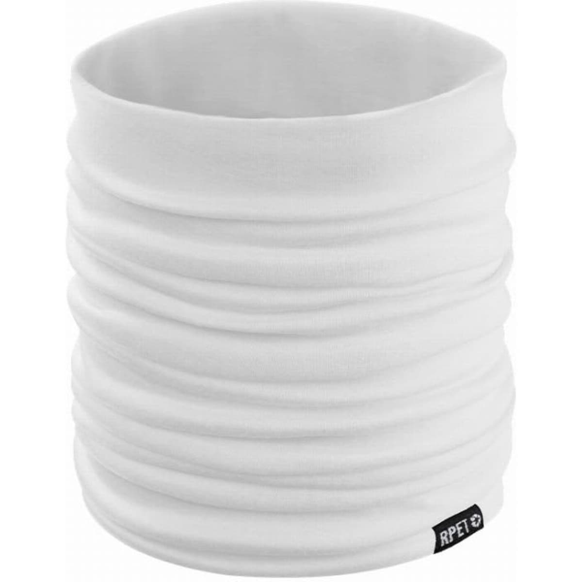 A white multifunctional neck gaiter with a gathered design and a small logo tag on the side.