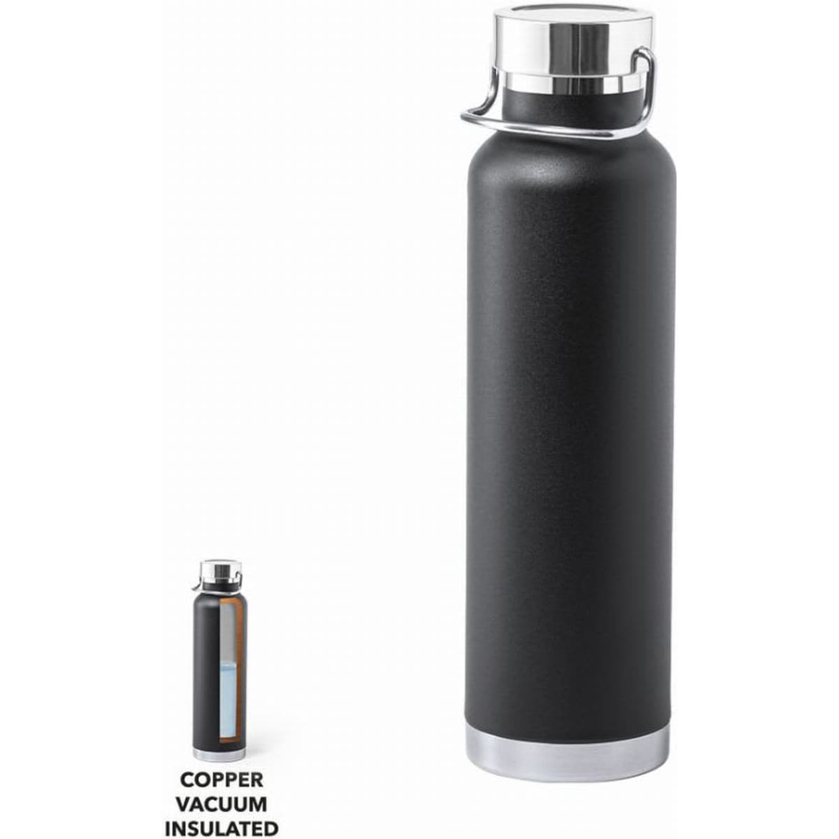 A drink bottle in black with a silver bottom and a lid, featuring a logo. It is vacuum insulated.