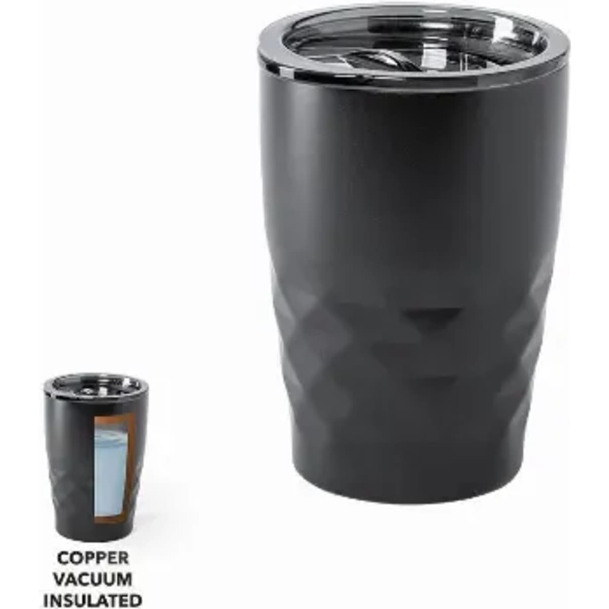 A drink bottle in matte black with a textured design and a shiny silver rim, featuring a logo on the side.