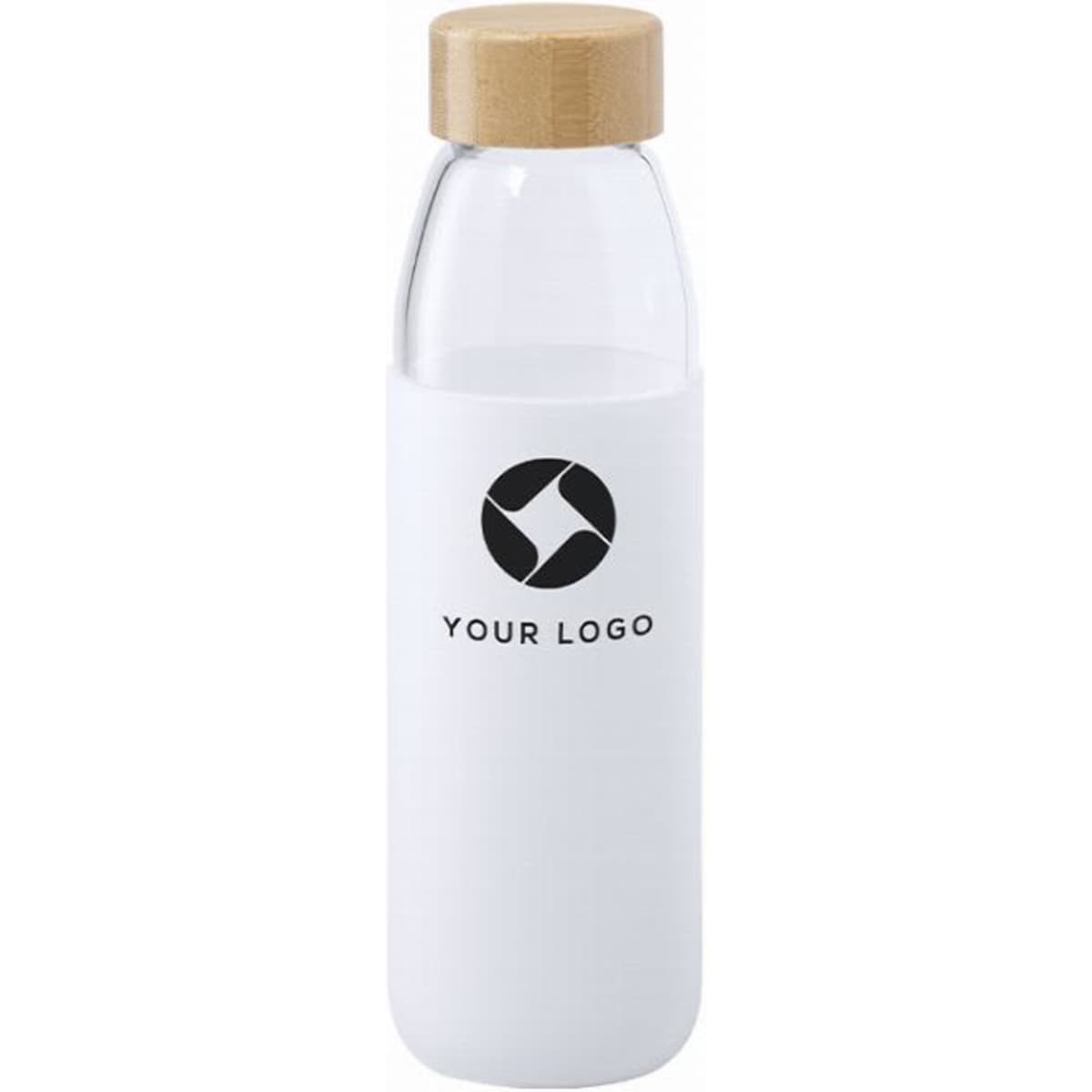 A drink bottle with a clear body, white silicone sleeve, and a wooden lid featuring a logo.
