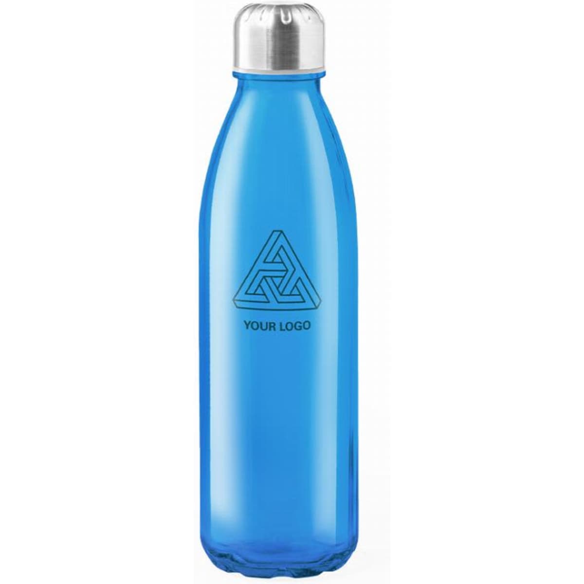 A blue drink bottle with a metallic silver cap and a logo on the front.