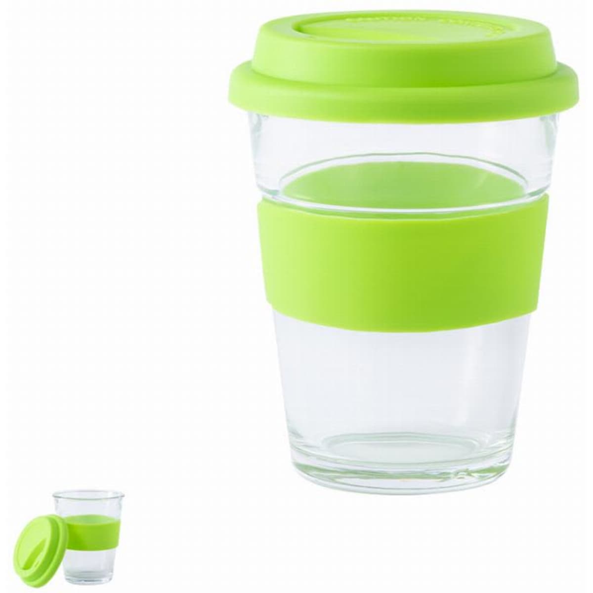 A drink bottle featuring a transparent body with a bright green silicone band and lid. It has a simple, modern design.