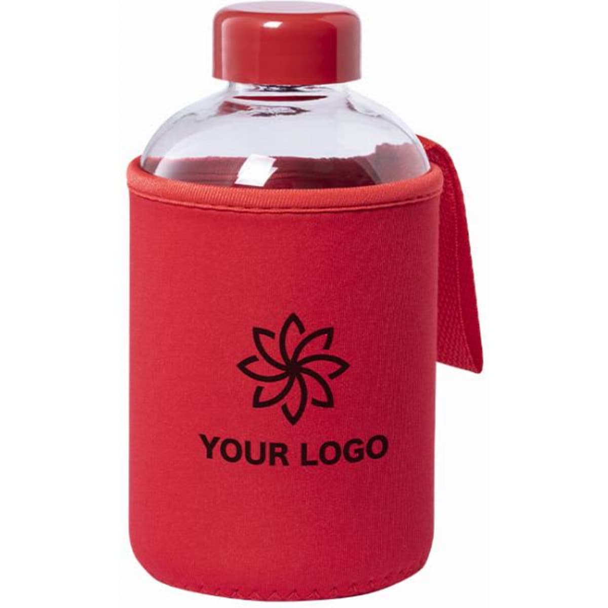 A drink bottle in a clear design with a red sleeve and a logo printed on it.
