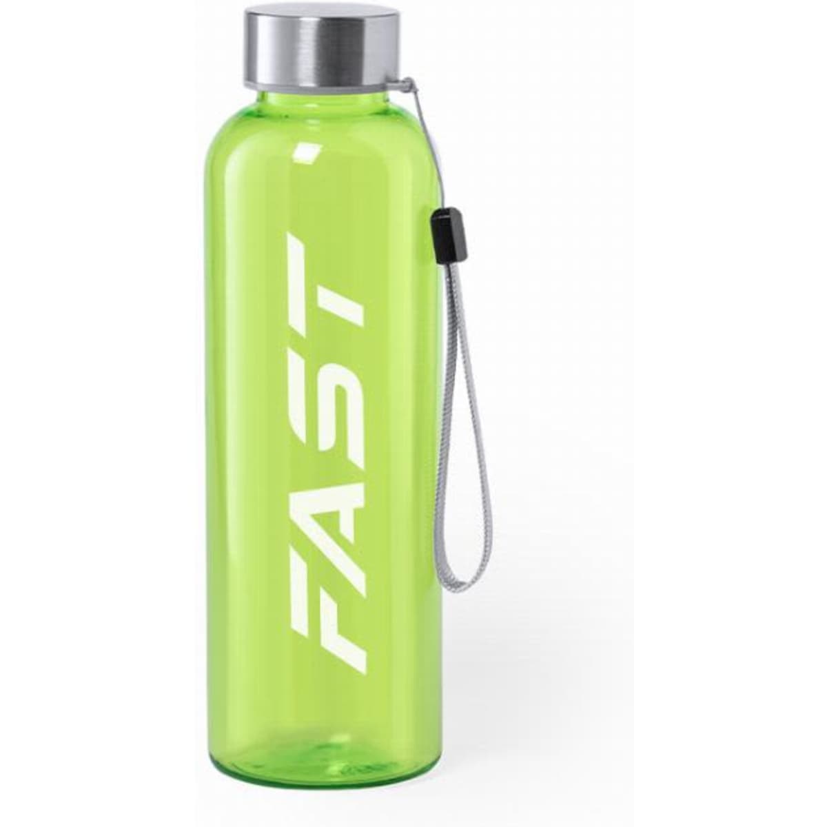 A green drink bottle with a silver lid and a strap, featuring a white logo.