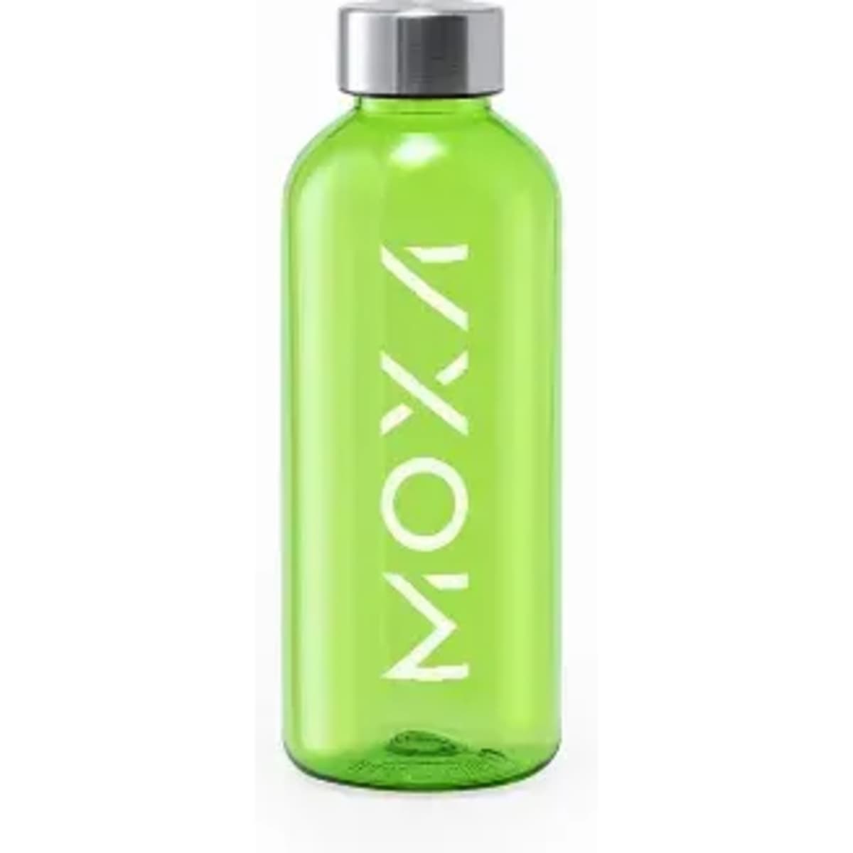 A drink bottle in bright green with a silver cap and branding on the side.