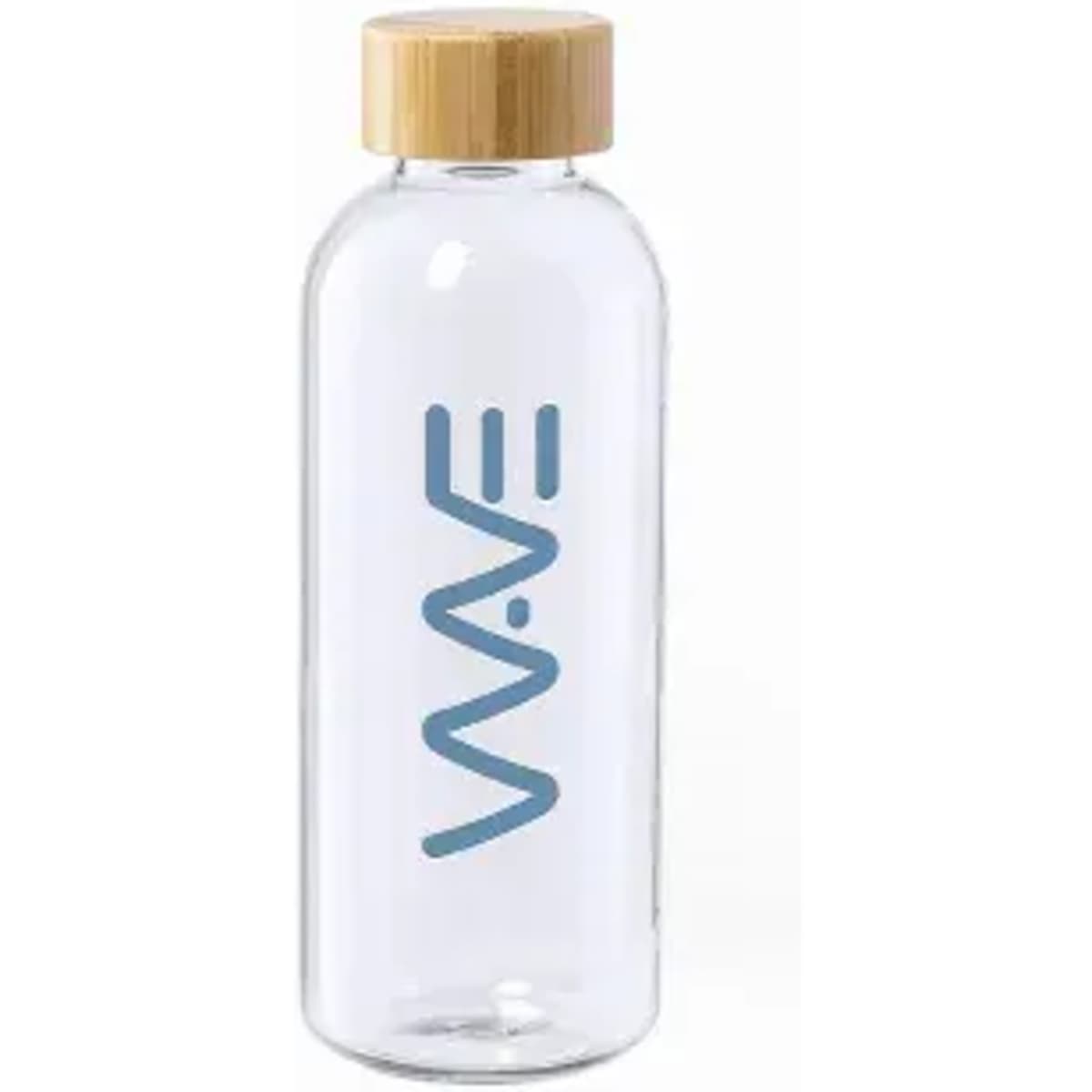 A drink bottle made of clear glass with a bamboo lid and a blue logo.