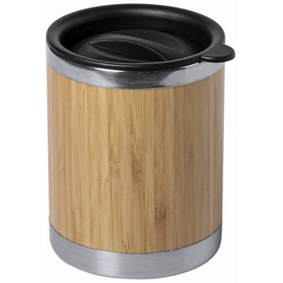 A drink bottle with a bamboo exterior, silver accents, and a black lid. Features a sleek cylindrical design.
