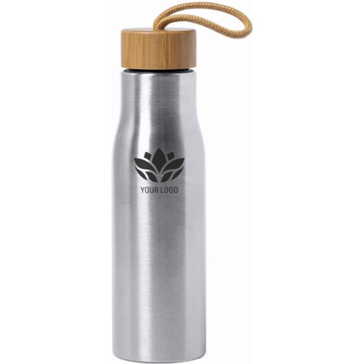 A drink bottle with a stainless steel body and a bamboo cap, featuring a logo. It has a natural cord attached.