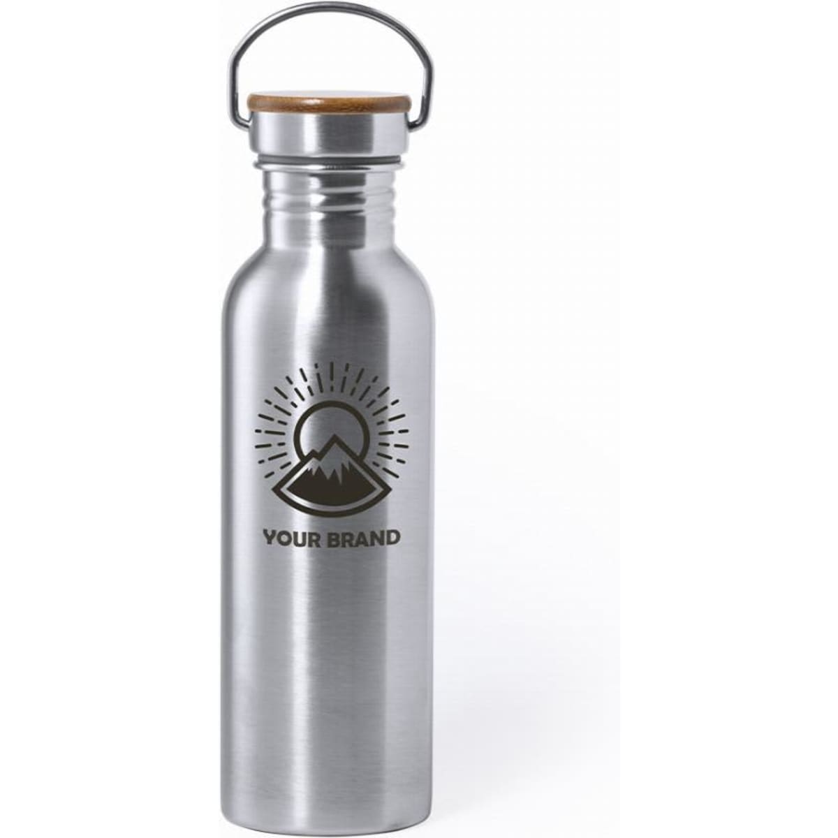 A drink bottle made of stainless steel with a silver finish, featuring a logo and a wooden cap.