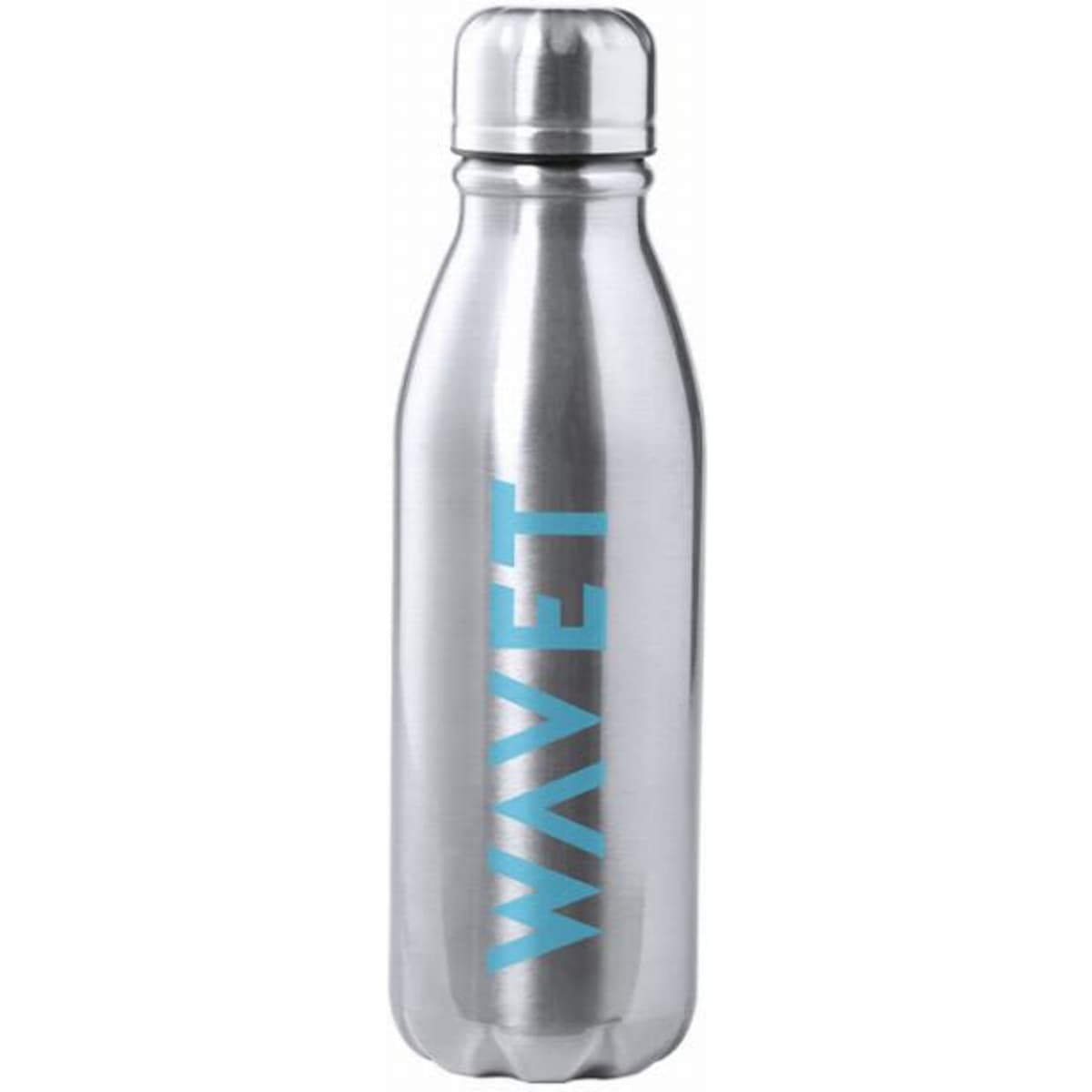 A drink bottle in silver metal with a blue logo design. It has a sleek, modern shape and a screw-top lid.