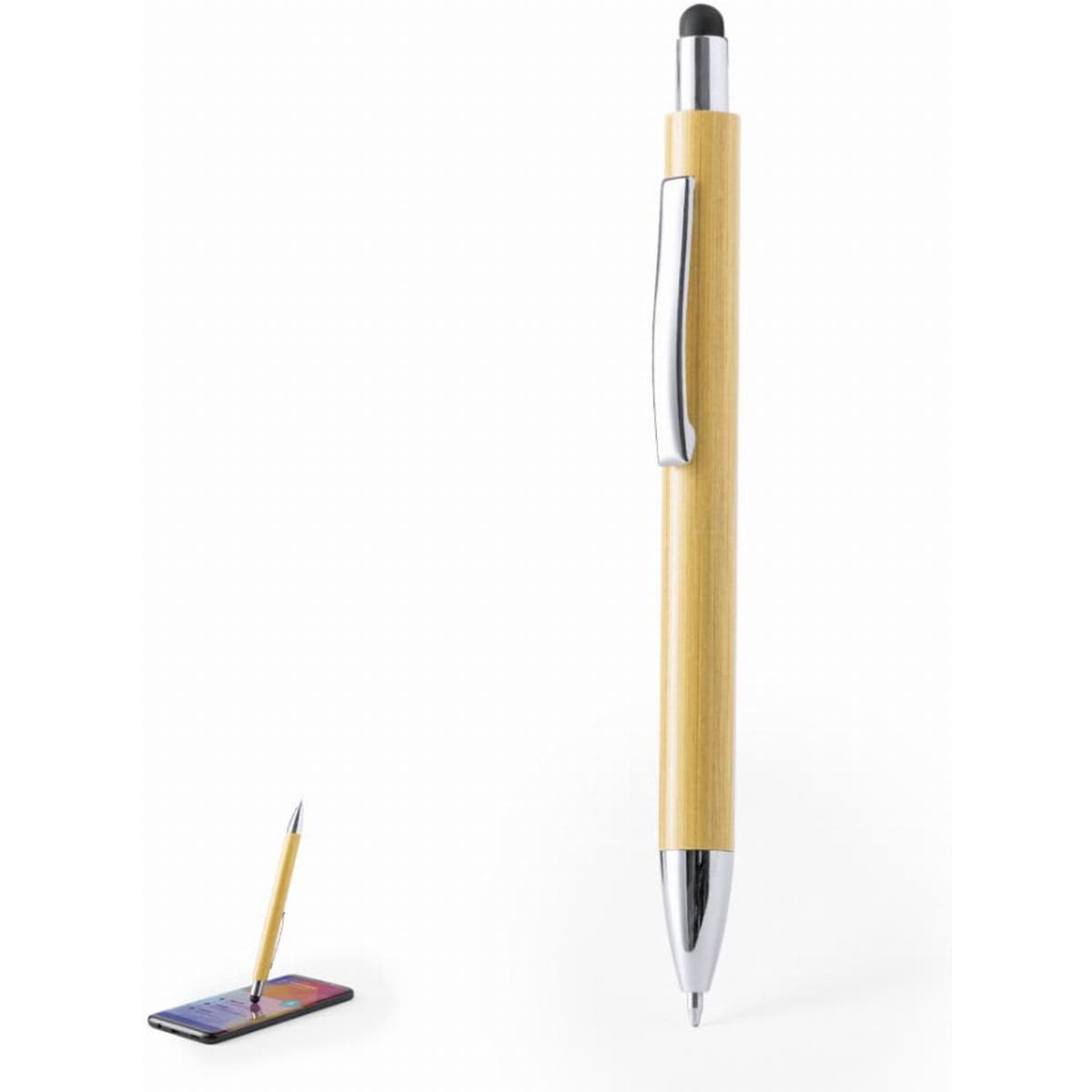 A pen with a bamboo body and chrome accents, featuring a stylus tip for touchscreen devices.