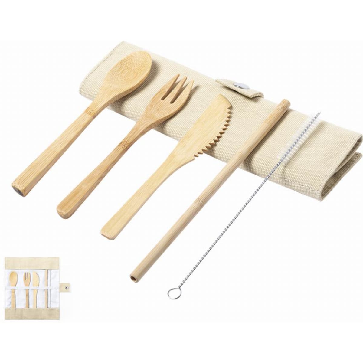 A utensil set featuring bamboo cutlery, including a spoon, fork, knife, straw, and a cleaning brush, in a fabric roll.