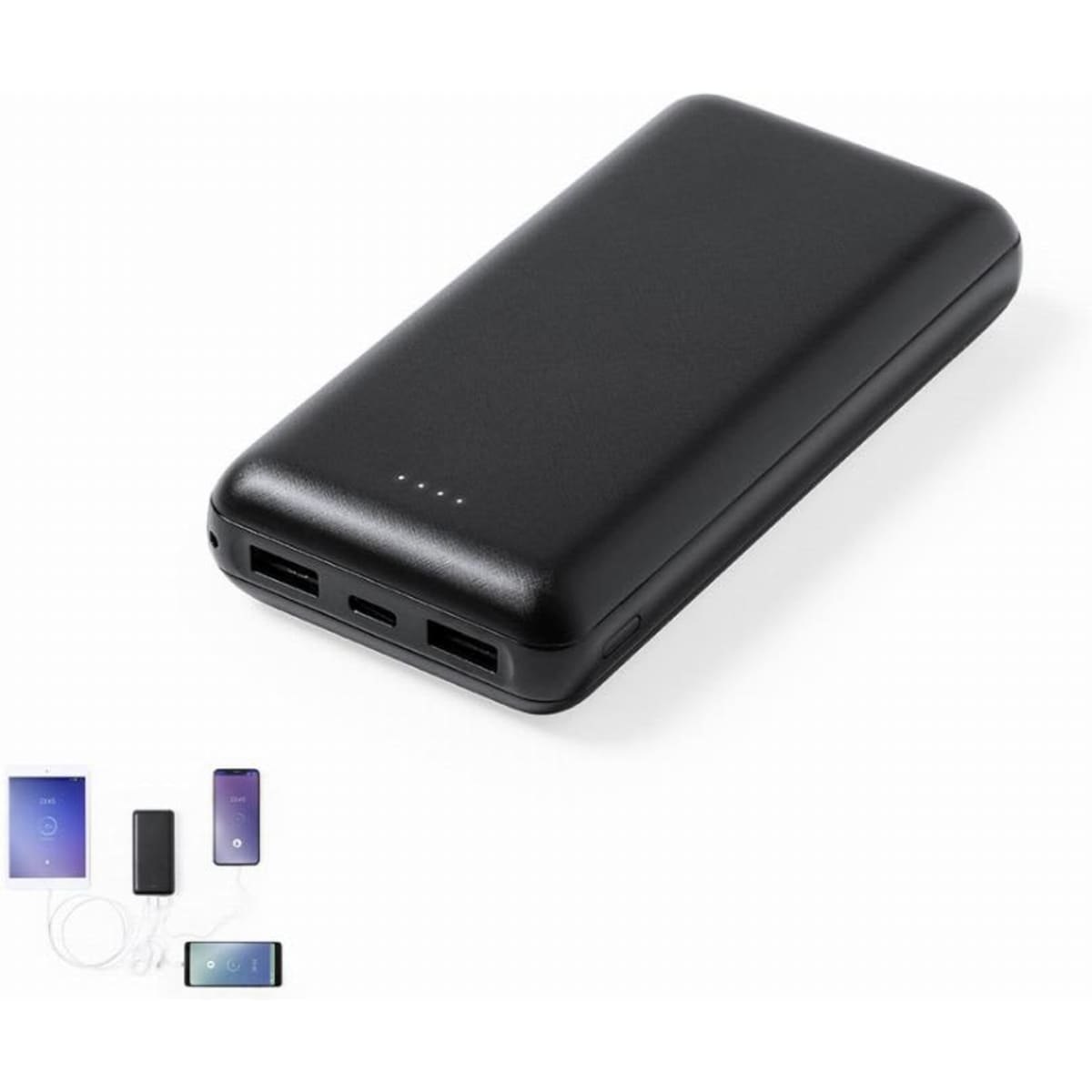 A black portable power bank with multiple USB ports and indicator lights, alongside images of devices it can charge.