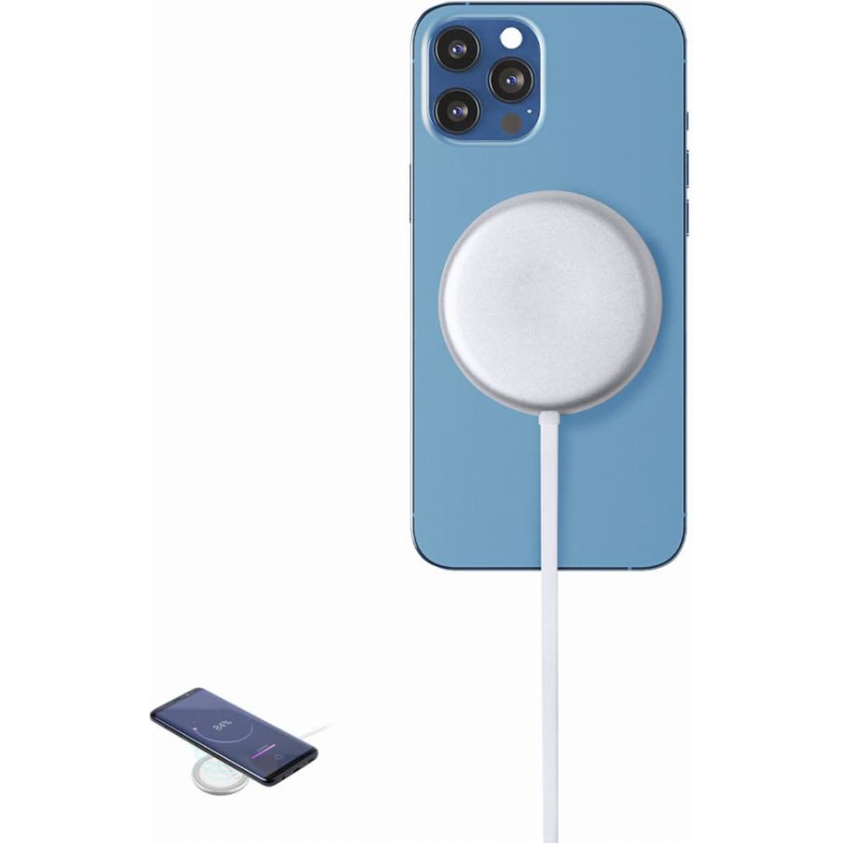 A charging device with a round, silver surface connected to a blue phone. The phone displays a charging indicator.