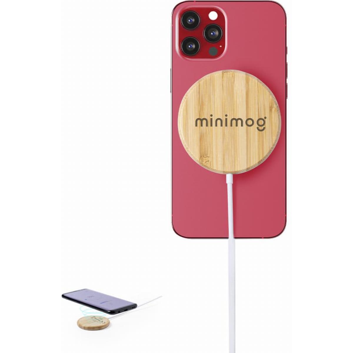 A phone with a pink case and a wooden wireless charger attached, featuring a logo on the charger.