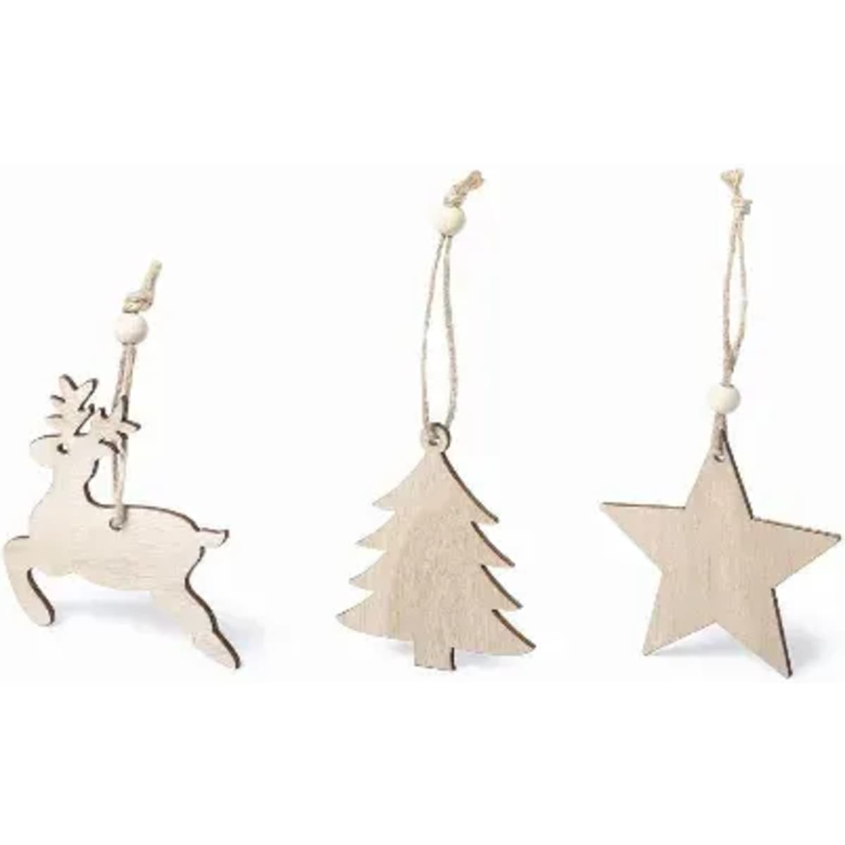 Decorative wooden ornaments in the shapes of a reindeer, tree, and star, each with a twine loop for hanging.