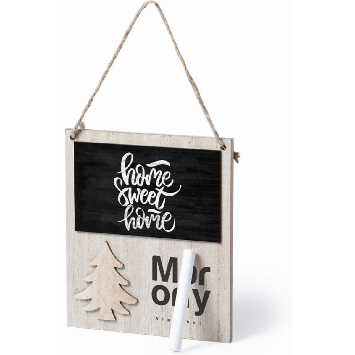 A wooden wall sign with a blackboard area, featuring the text "Home Sweet Home" and a tree design. It includes a chalk.