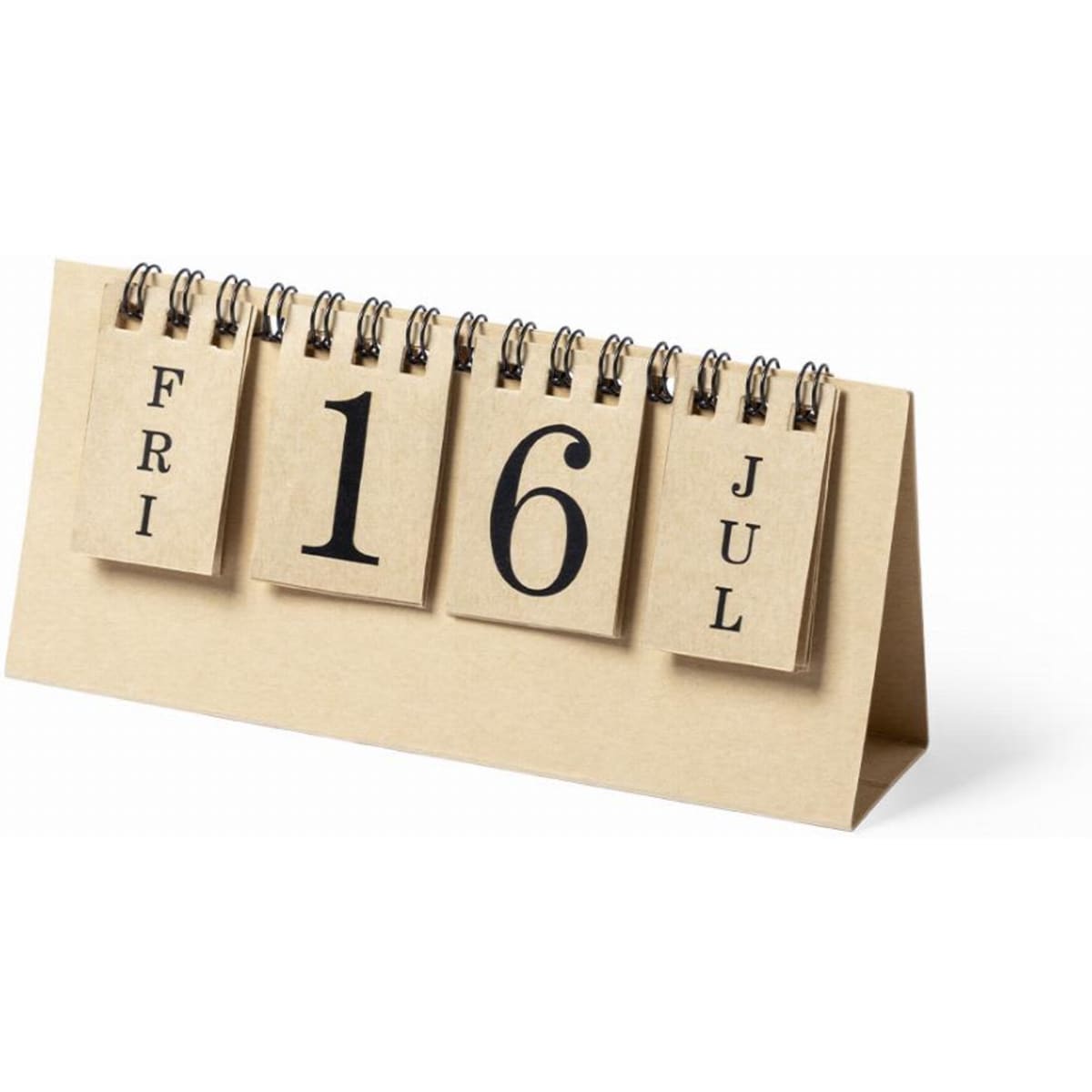 A desk calendar with a beige stand displaying the date '16 July' and the day 'Friday' on flip cards.