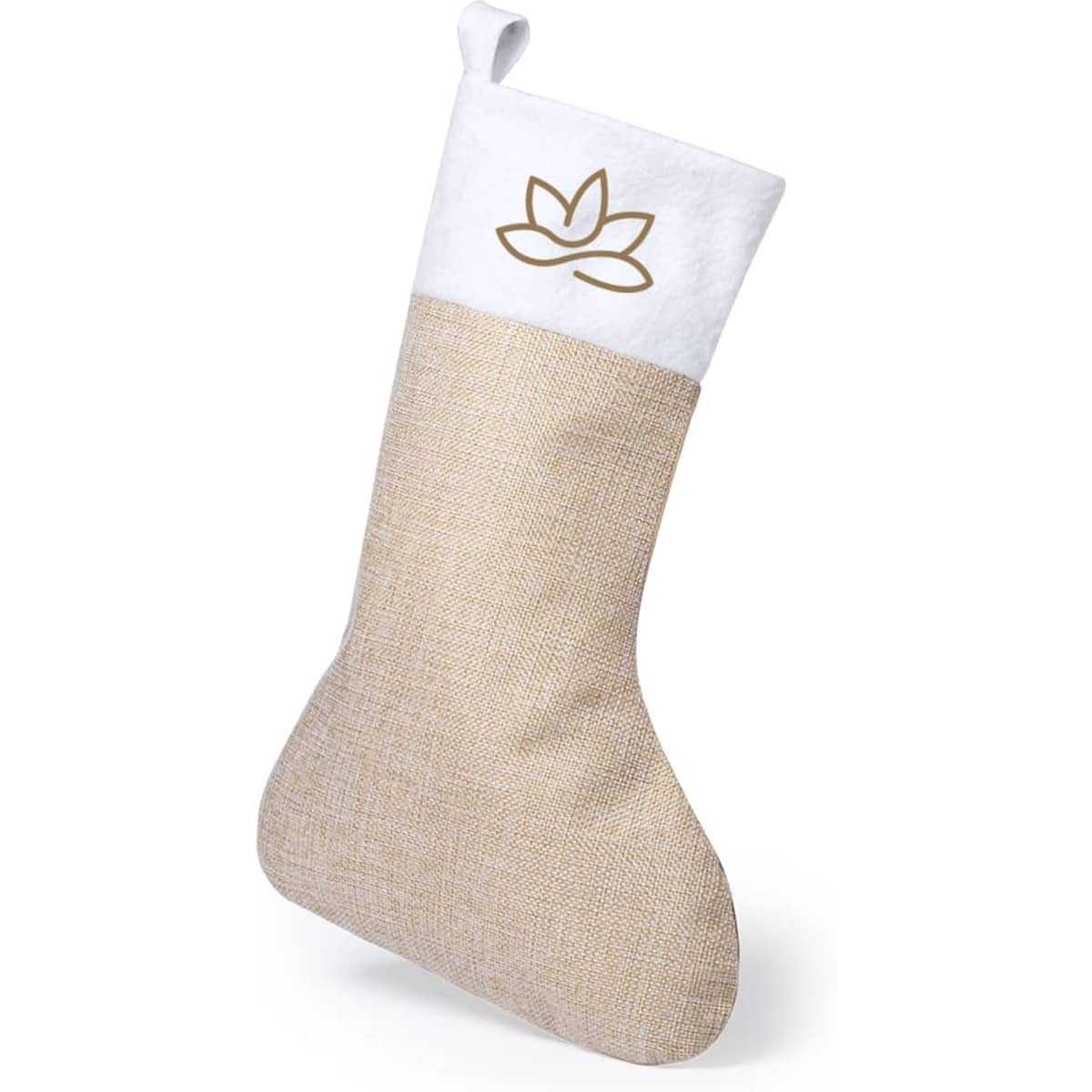 A Christmas stocking in a beige and white design with a decorative logo at the top.