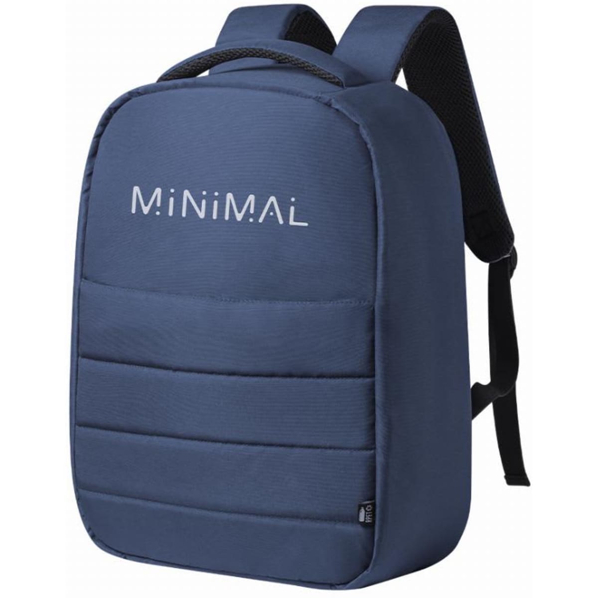 A navy blue backpack with a padded front and adjustable straps, featuring a logo on the front.