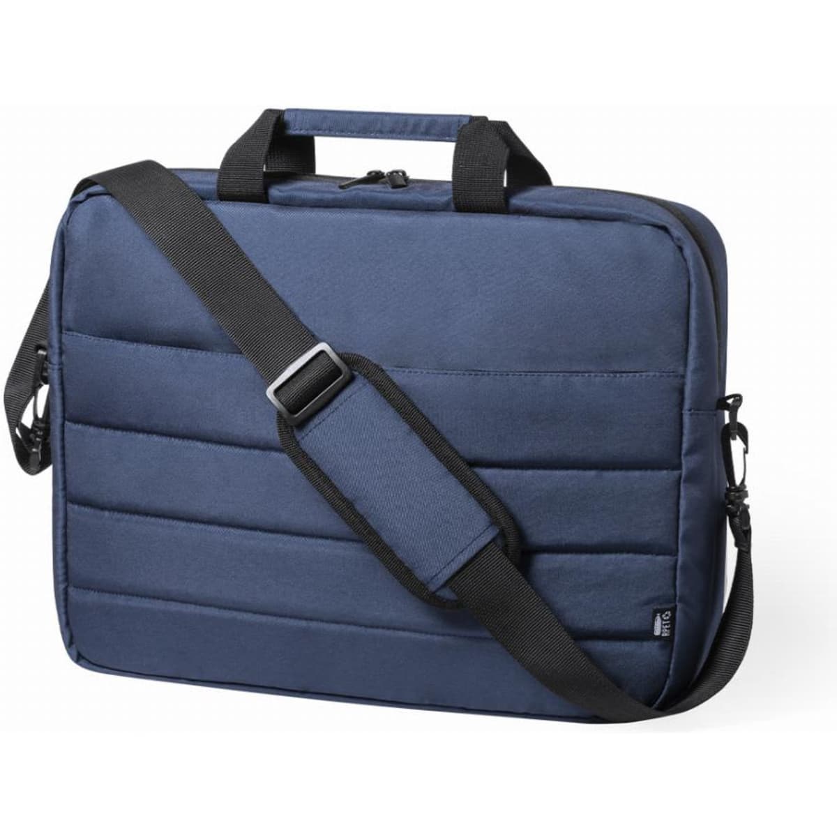 A navy blue laptop bag with padded sides, dual handles, and an adjustable shoulder strap. It has a logo on the front.