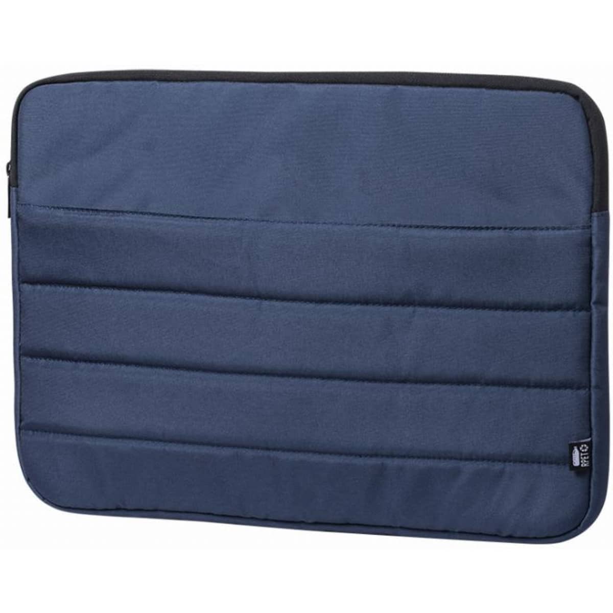 A laptop sleeve in navy blue with a padded design and a zip closure, featuring a small logo.