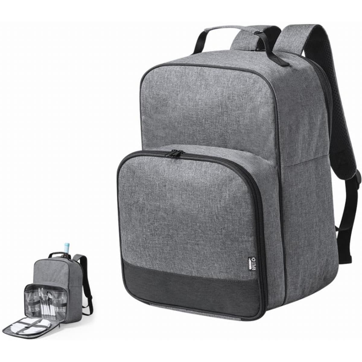A grey backpack with a front pocket and an additional smaller bag featuring compartments for organisation.