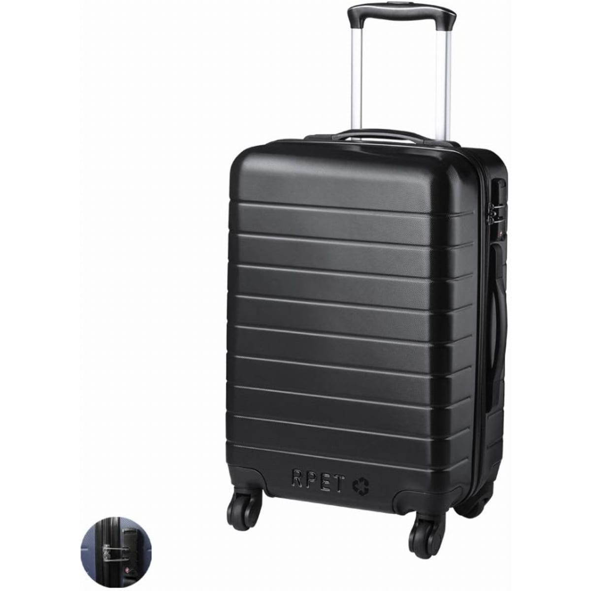 A black suitcase with a hard shell, retractable handle, and four rolling wheels. Features a logo on the front.