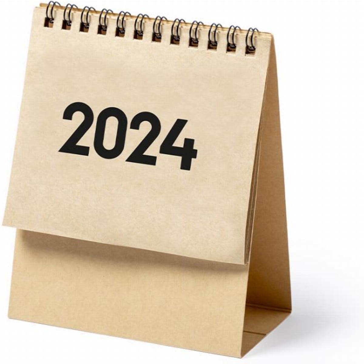 A desk calendar with a spiral binding, featuring a single page marked "2024" in bold black numbers.
