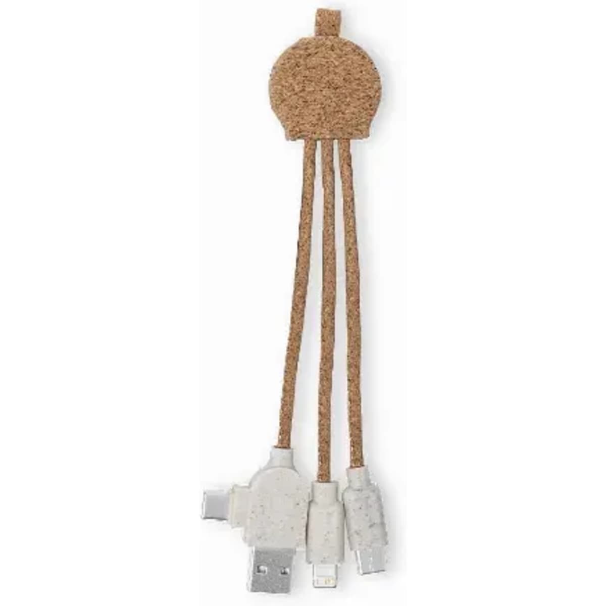 A charging cable with three connectors, featuring a cork-like design and white cables. Ideal for charging multiple devices.