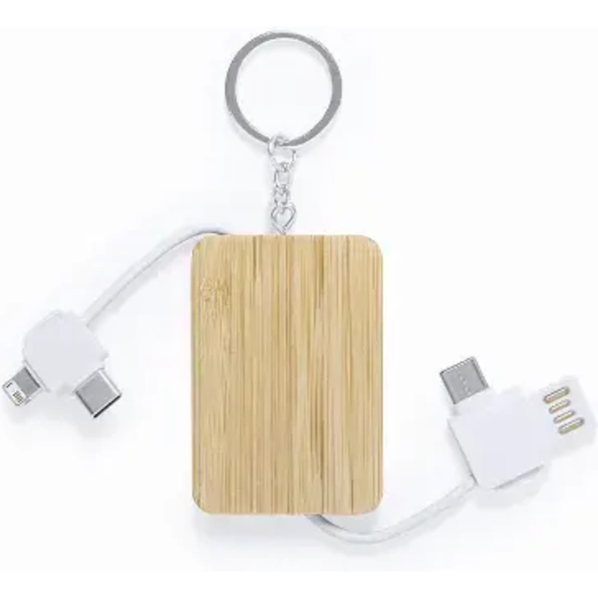 A keychain power bank with a bamboo exterior and white charging cables connected. Includes a logo on the surface.