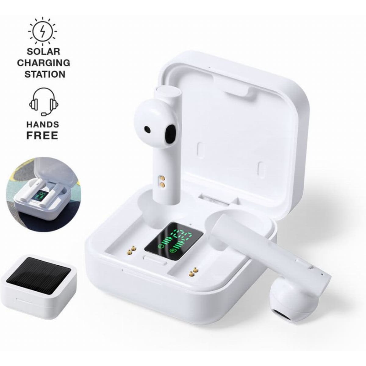 A pair of white wireless earbuds in a charging case, featuring a solar charging station.