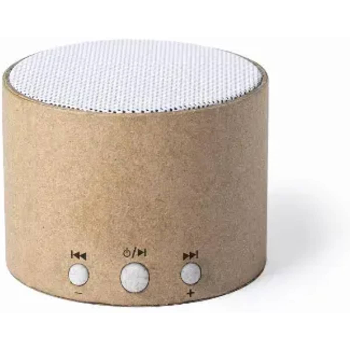 A cylindrical speaker in brown cardboard with a white mesh top and three control buttons on the front.