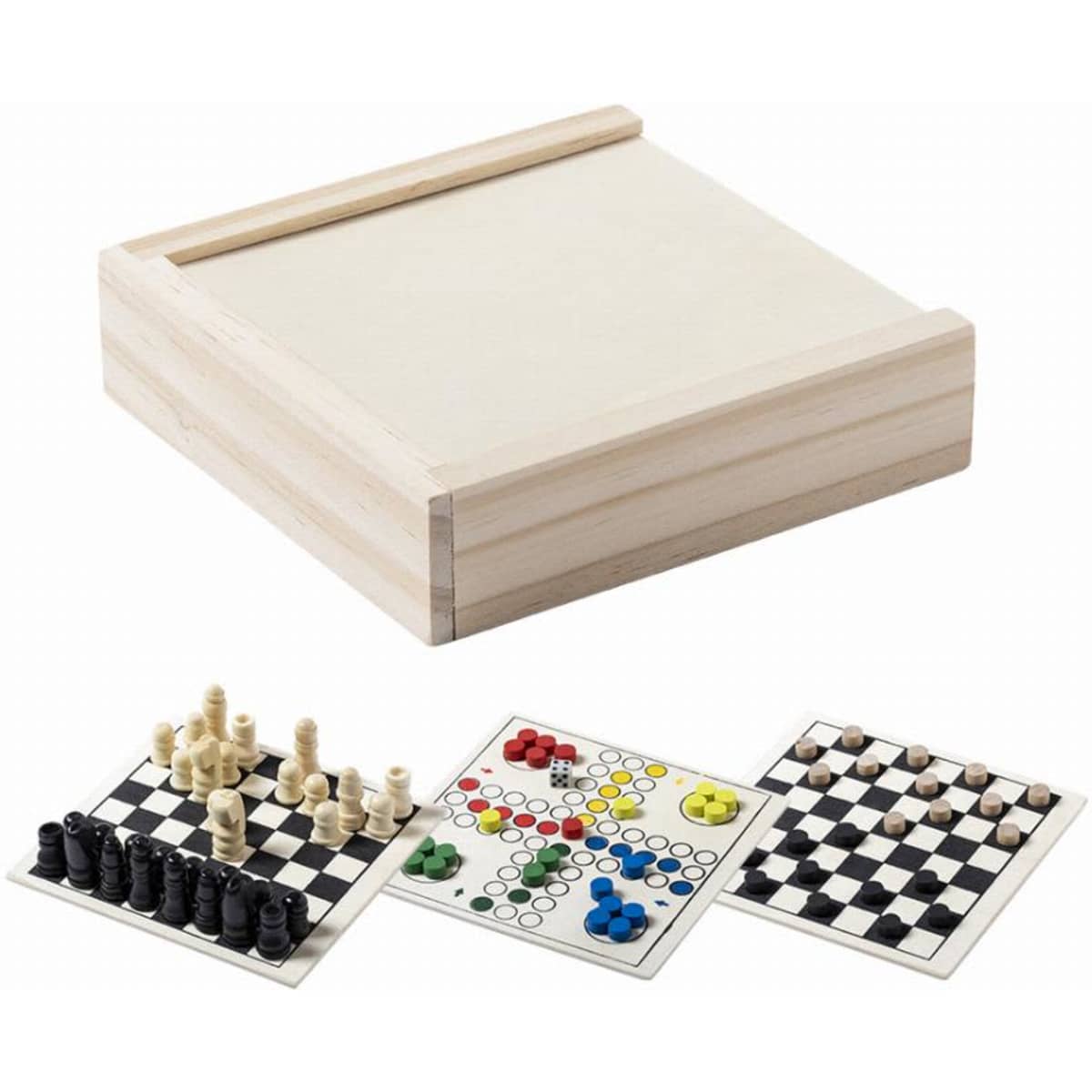A wooden game set featuring a light-coloured box and pieces for chess, Parchesi, and checkers.