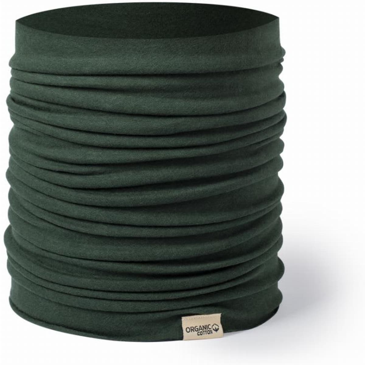 A green tubular accessory made of organic cotton with a textured, gathered design and a small branding tag.