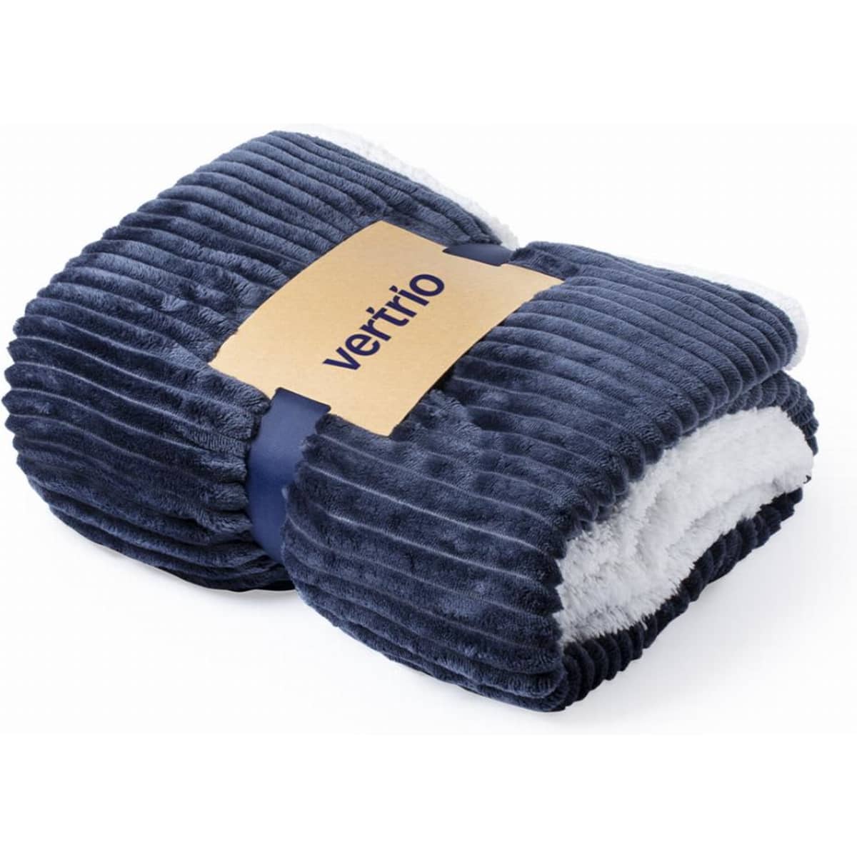 A soft, navy blue blanket with a plush white interior, neatly folded and tied with a ribbon. It has a branding label.