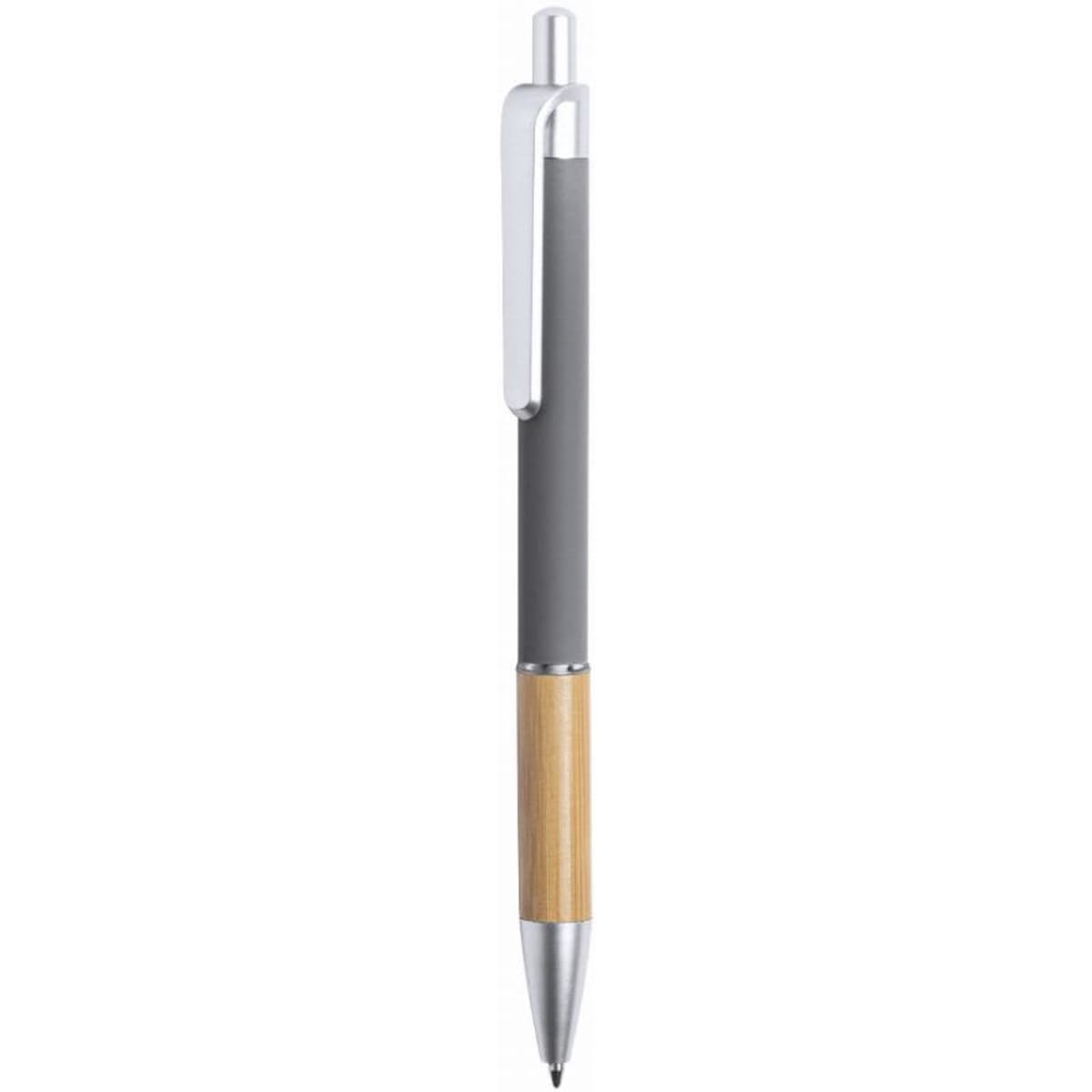 A grey and bamboo ballpoint pen with a silver clip and tip, featuring a simple design and a logo.
