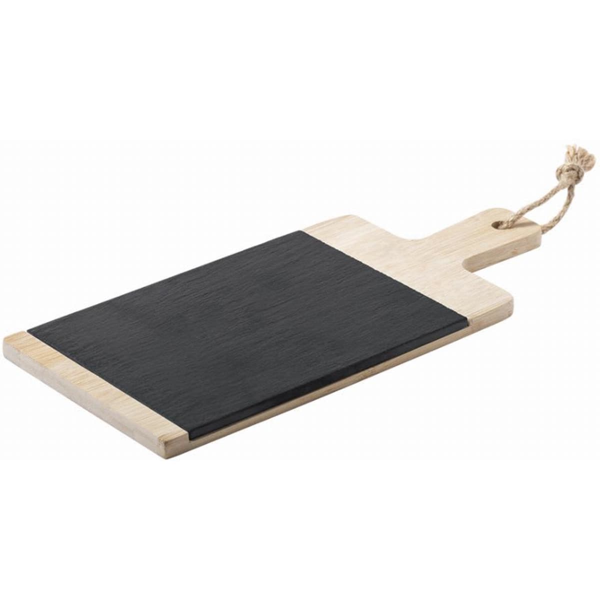 A wooden serving board with a black slate surface and a rope handle, featuring a natural wood finish.