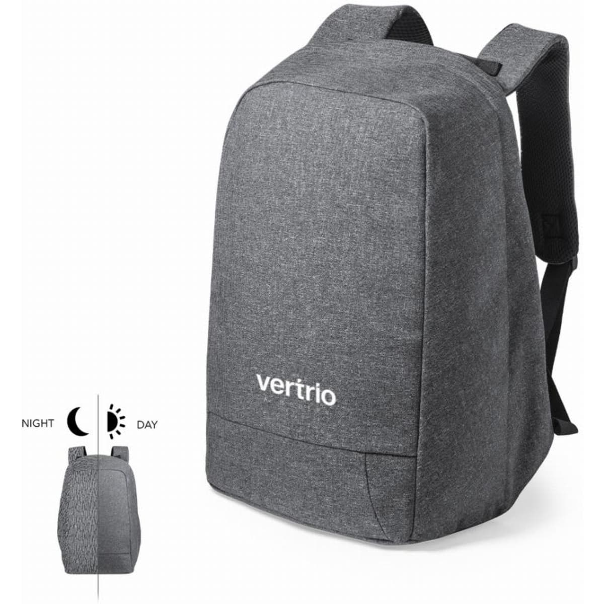 A grey backpack with a rounded shape, featuring shoulder straps and a brand logo.