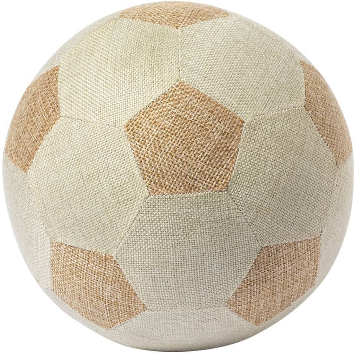 A decorative soccer ball in beige and cream, featuring a hexagonal patchwork design. It has a textured fabric surface.