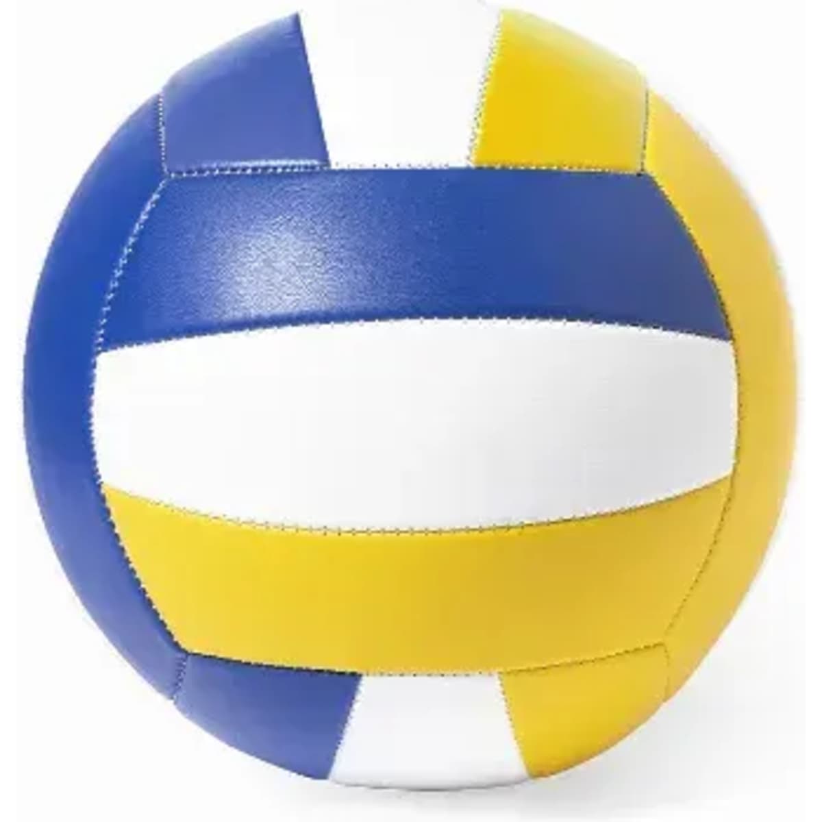 A volleyball in blue, white and yellow, featuring a classic stitched design. The ball has a branding logo visible.
