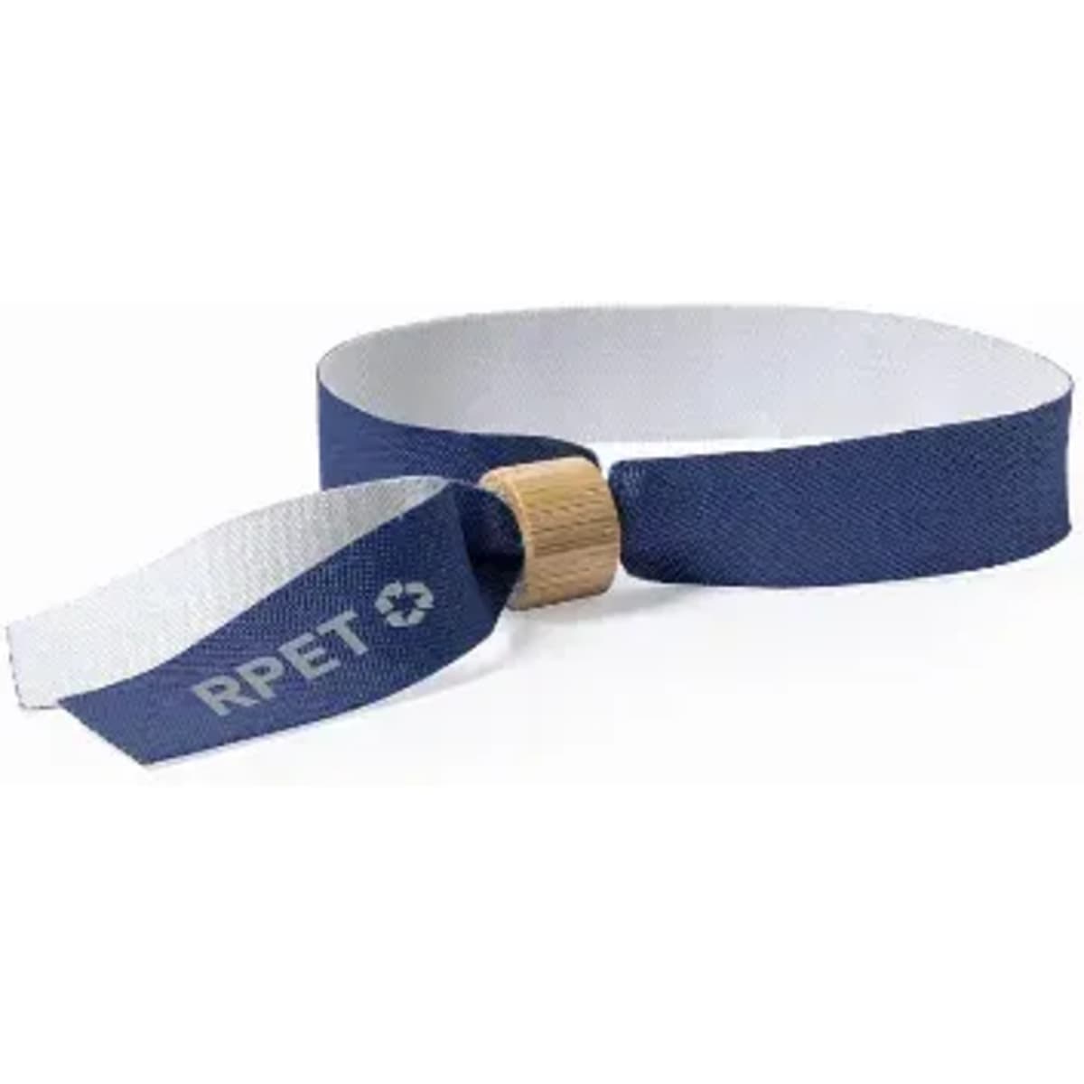 A drink bottle holder in navy blue with a white strap and a wooden clasp, featuring a logo.