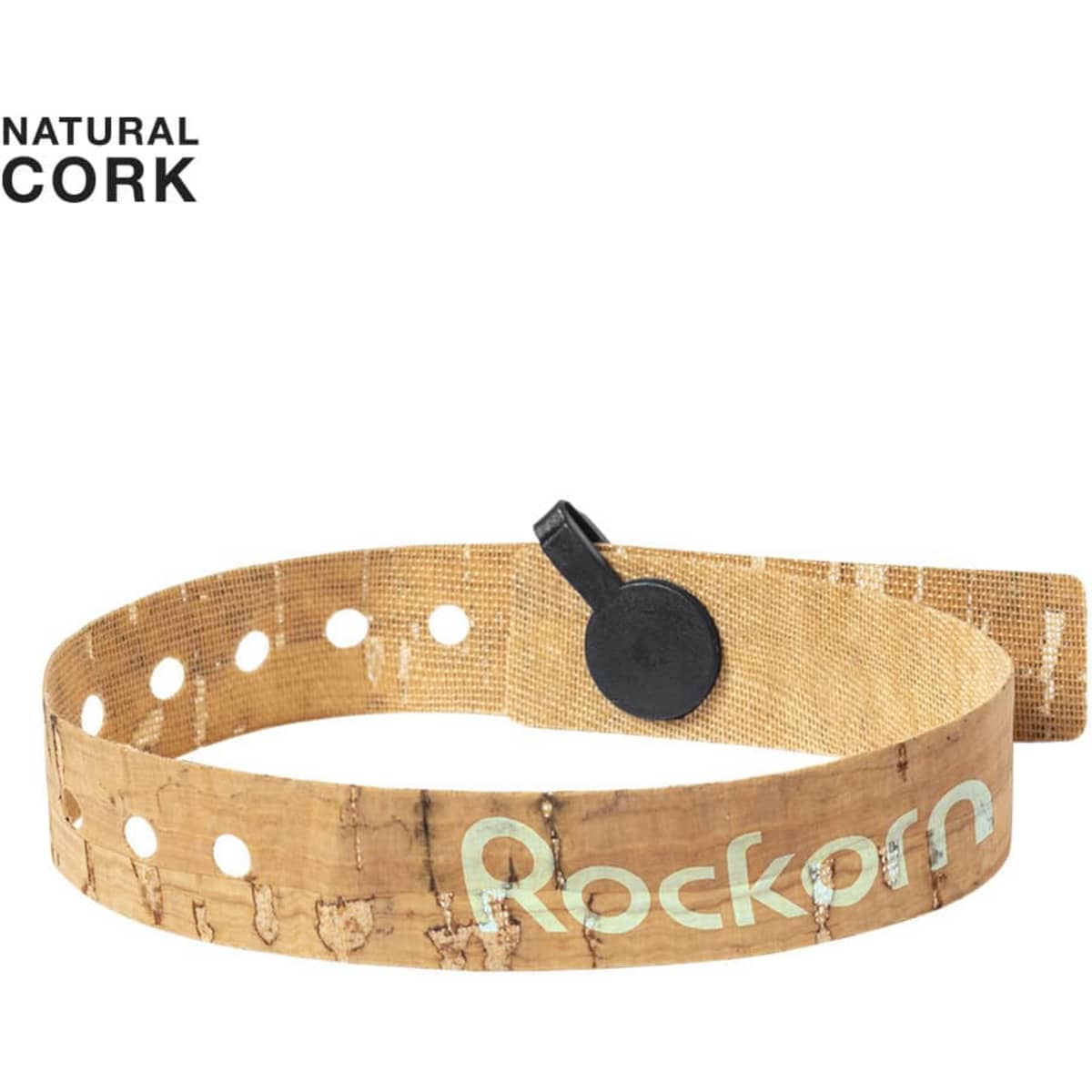 A natural cork belt in a tan colour with circular cut-outs and a black fastening mechanism. It has a logo on it.