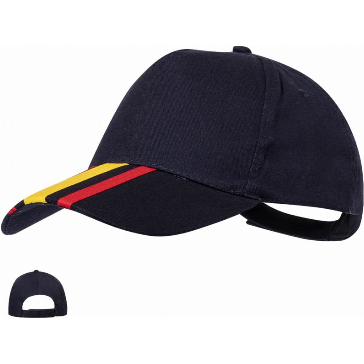 A cap in navy blue featuring a multicoloured striped design in red and yellow on the peak. It has an adjustable strap.