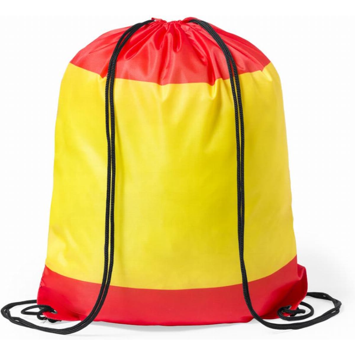 A drawstring bag in bright yellow and red, featuring black cords for closure and carrying. It has a logo on the front.
