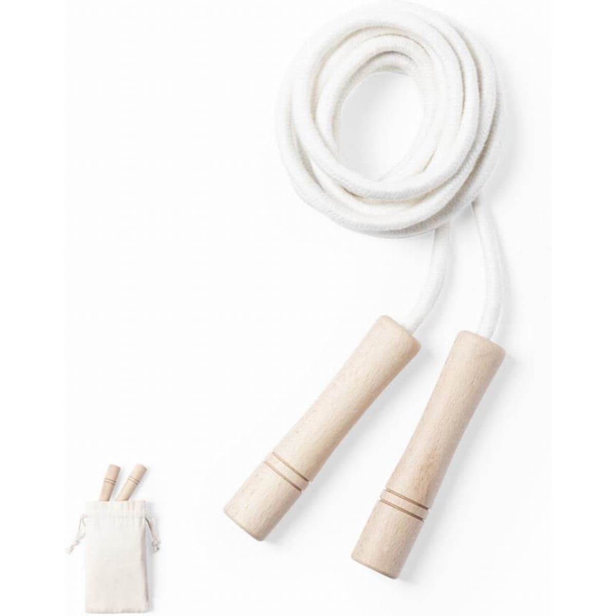 A jump rope with white rope and wooden handles, accompanied by a small fabric storage bag.