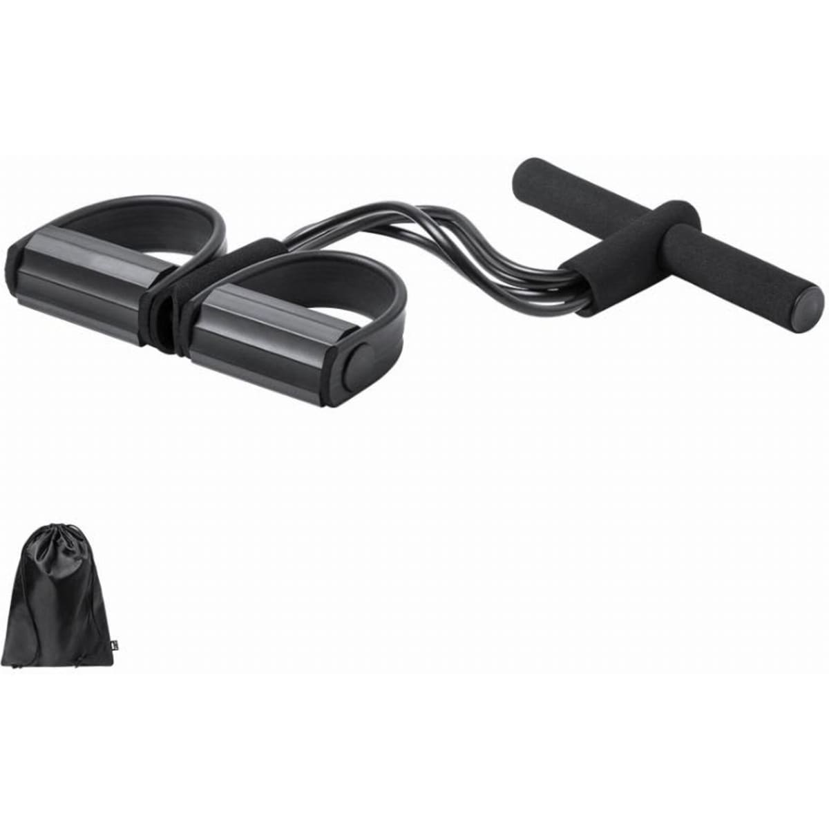 A fitness device with dual handles, black grips, and a connecting bar, accompanied by a black drawstring bag.