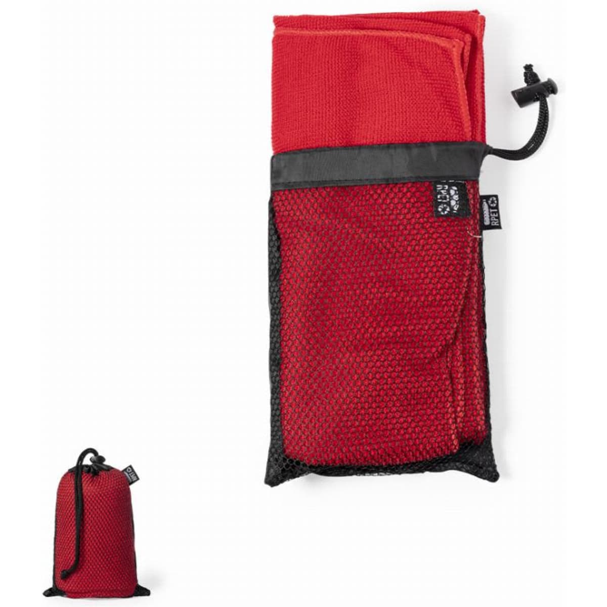A red compact towel with a black mesh storage pouch, featuring a drawstring closure and branding.