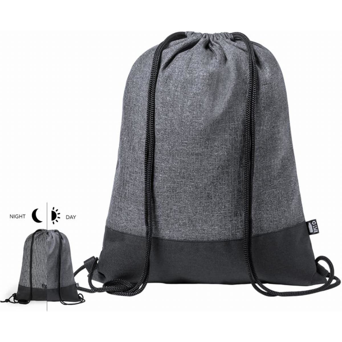 A drawstring bag in grey with a black base, featuring a logo on one side.