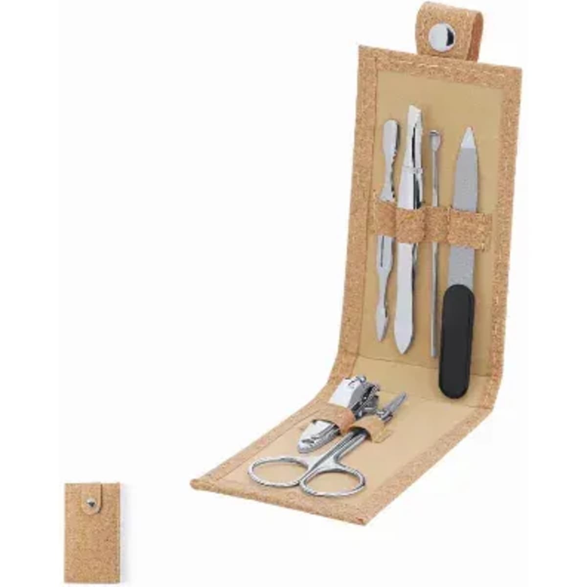 A grooming kit with various metal tools includes scissors, tweezers, and a nail file, all housed in a tan holder.